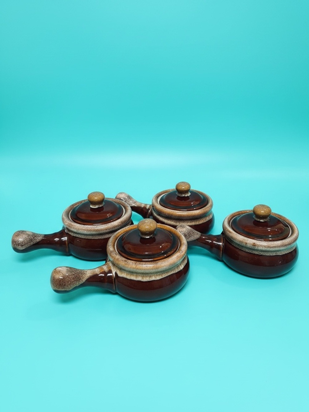 Vintage French Onion Soup Bowls with Lids Set of 4, Brown Drip Glaze Stoneware